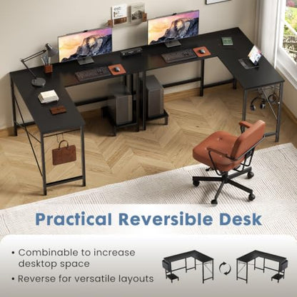 DUMOS L-Shaped Computer Desk with PC Stand - Reversible Corner Workstation, Black / 50-In