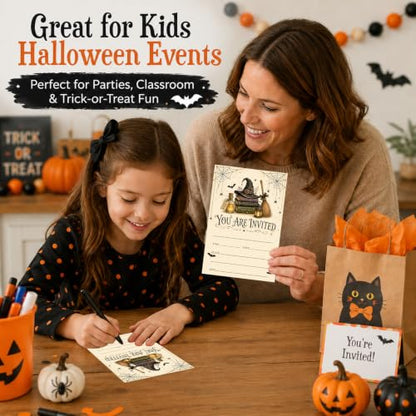 Halloween Party Invitations - Witch Hat Potion Books & Broom - Fill In Cards with Envelopes - Books & Broom Variant