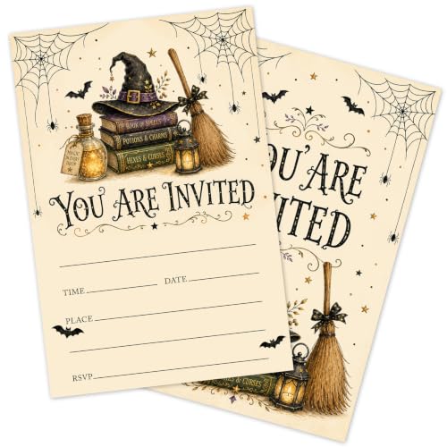 Halloween Party Invitations - Witch Hat Potion Books & Broom - Fill In Cards with Envelopes - Books & Broom Variant
