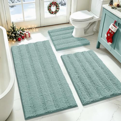 Eggshell Blue Bathroom Rug Set 3 Pieces Non Slip Chenille Bath Mat Contour & Small Rugs