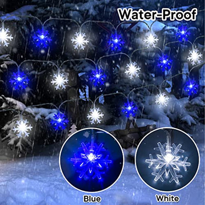 Snowflake String Lights Blue and White 9.8FT Waterproof Battery Operated