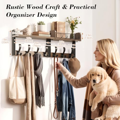 Brown 29-Inch Wall-Mount Coat Rack with Shelf and 11 Hooks - Wooden Entryway Organizer