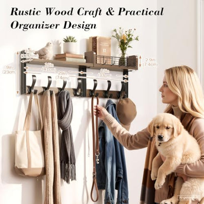 Brown 29-Inch Wall-Mount Coat Rack with Shelf and 11 Hooks - Wooden Entryway Organizer