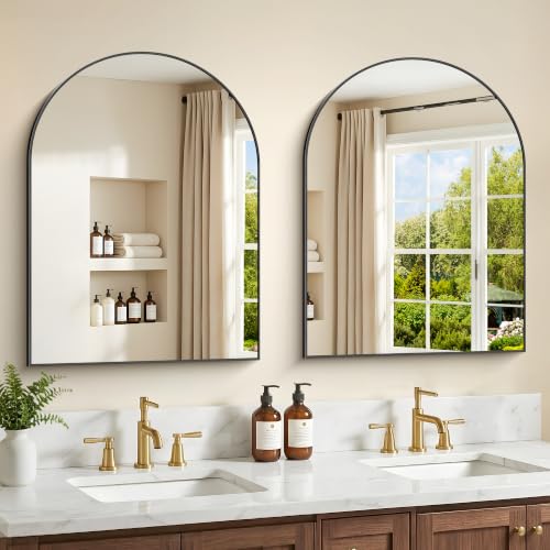 Black Arched Bathroom Mirror 24x30 Inch - Small Vanity Wall Mirror, Brushed Black
