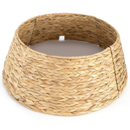 Round 27-Inch Rustic Woven Rattan Christmas Tree Collar - Natural Basket Cover for Artificial Xmas Tree