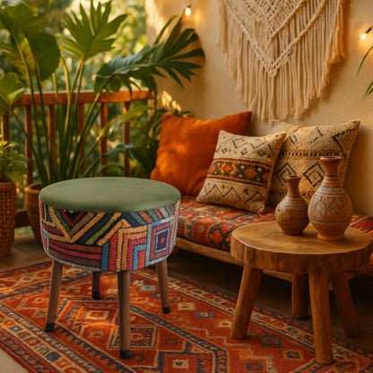 Bohemian Rainbow Pouf Ottoman Foot Rest - Round Living Room Decorative Stool