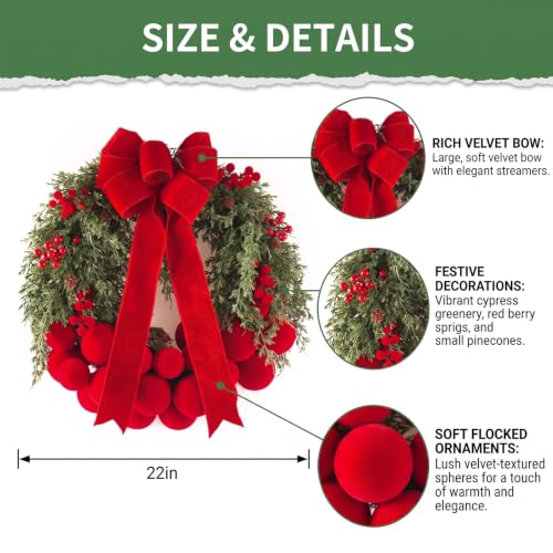 24-Inch Artificial Christmas Wreath with Velvet Balls and Bow - Front Door Decor