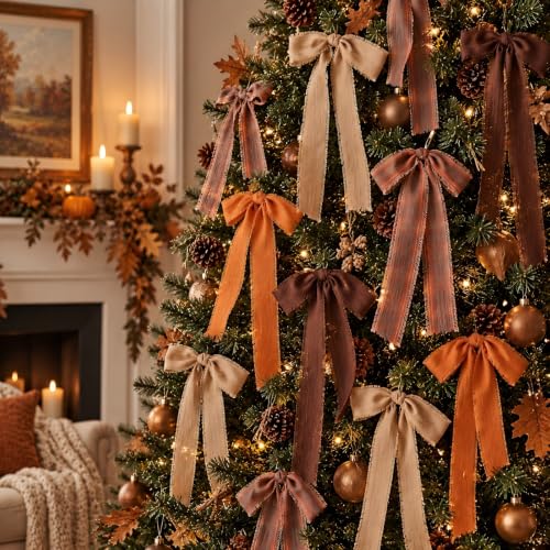 Thanksgiving Wreath Bows 24 Pack Fall Fabric Bows for Holiday Decorations - Brown & Orange, Classic Style