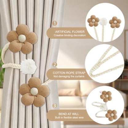 Brown Curtain Tiebacks Set - Boho Twist Rope Holders with Fabric Flowers