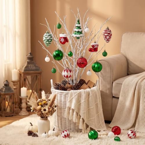 Christmas Baubles 40 Pack - Red, Green & White Shatterproof Ornaments with Hand-Painted Designs