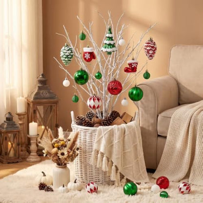 Christmas Baubles 40 Pack - Red, Green & White Shatterproof Ornaments with Hand-Painted Designs