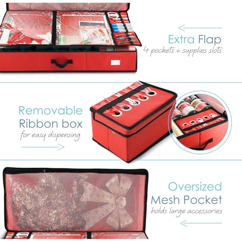 Red Large Gift Wrap Storage Container with Ribbon Dispenser and Pockets