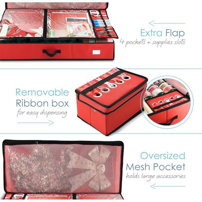 Red Large Gift Wrap Storage Container with Ribbon Dispenser and Pockets