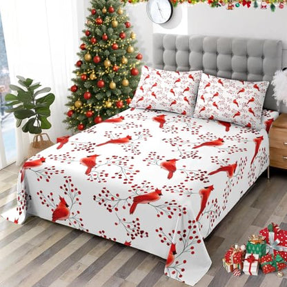 WeCozy Christmas Bird Twin Bed Sheet Set - 3 Pieces, Flat Pillowcase & Deep Pocket Fitted Sheet