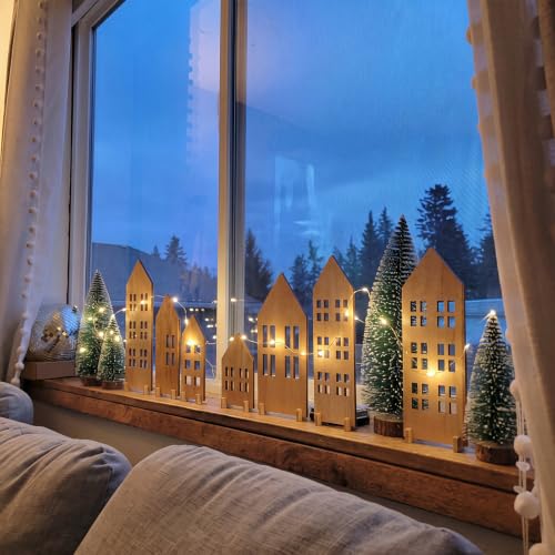 12-Piece Wooden Christmas Village Set with LED Lights and Mini Trees