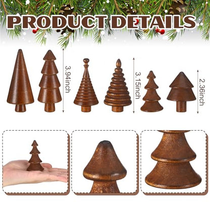 Mini Wooden Christmas Trees Set - Farmhouse Decor, Brown, 6 Pcs
