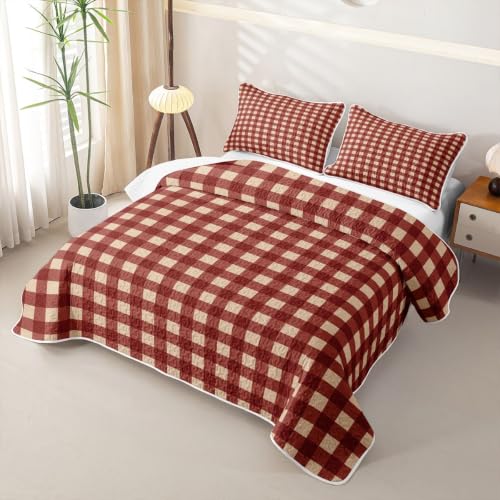 Manfei Gingham Red Twin Quilt Set with Pillow Sham - Microfiber Lightweight Farmhouse Bedding