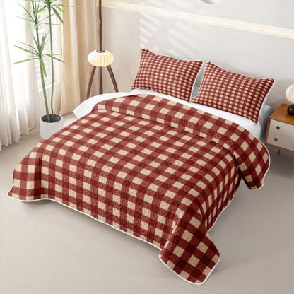 Manfei Gingham Red Twin Quilt Set with Pillow Sham - Microfiber Lightweight Farmhouse Bedding