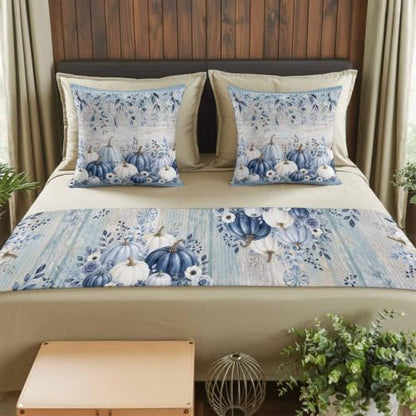 83 x 20 Inch Fall Bed Runner & Pillow Cover Set - Navy Blue Pumpkin Decor