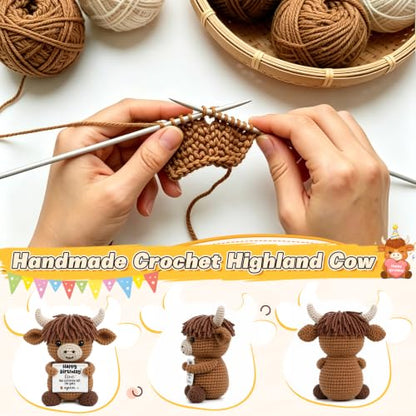 Highland Cow Birthday Decorations for Women Men - Cheeky Crocheted Gift with Card - Variation of Birthday