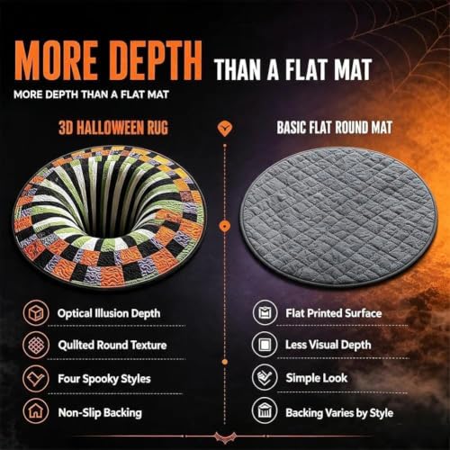 Halloween Optical Illusion Rug 24-79in Skeleton Ghost Pumpkin Pattern Black 80cm