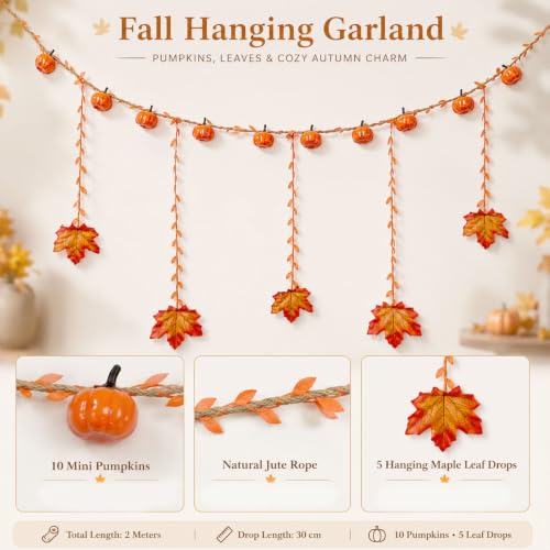 Fall Pumpkin Garland with Hanging Maple Leaves - 6.6 FT Decorative Autumn Decor