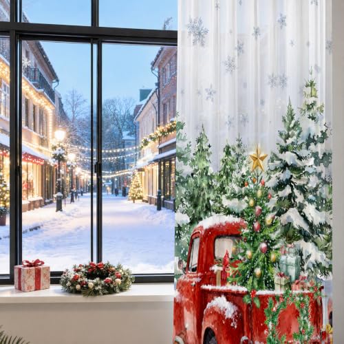 Christmas 01 Snowman Red Truck Holiday Window Curtain Set - 52 x 84 Inches, 2 Panels