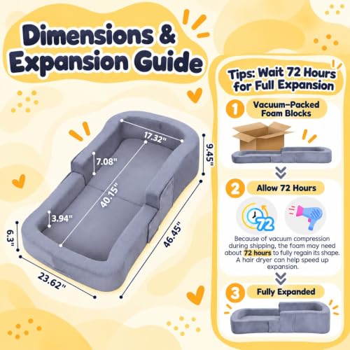 Portable Toddler Travel Bed - Foldable Kids Floor Bed with High Sides, Grey