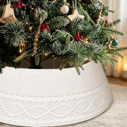 White Knit Christmas Tree Collar 24-28 Inch Tree Base Cover Ring - Holiday Decor