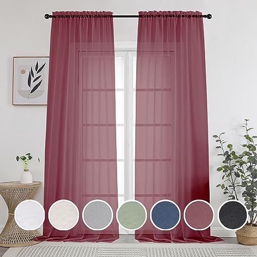 OWENIE Sheer Curtains 108 inches Length 2 Panels Set, Burgundy Sheer Curtains Rod Pocket Voile Drapes for Living Room, Airy Soft-Touching Drapes, 2 PCS Panels, Each 42" W x 108" L