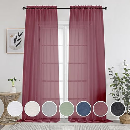 OWENIE Sheer Curtains 108 inches Length 2 Panels Set, Burgundy Sheer Curtains Rod Pocket Voile Drapes for Living Room, Airy Soft-Touching Drapes, 2 PCS Panels, Each 42" W x 108" L