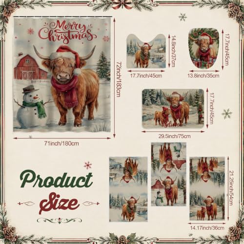 Vesici Waterproof Christmas Shower Curtain Set Highland Cow