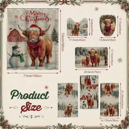 Vesici Waterproof Christmas Shower Curtain Set Highland Cow