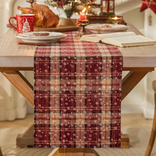 AQOTHES Red Snowflake Plaid Christmas Table Runner 13x108 Inches - Holiday Decor