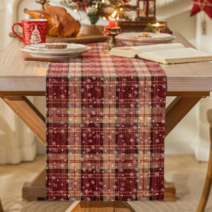 AQOTHES Red Snowflake Plaid Christmas Table Runner 13x108 Inches - Holiday Decor