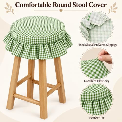 Gingham Ruffled Stool Covers 2-Pack - Green & White Plaid Home Decor