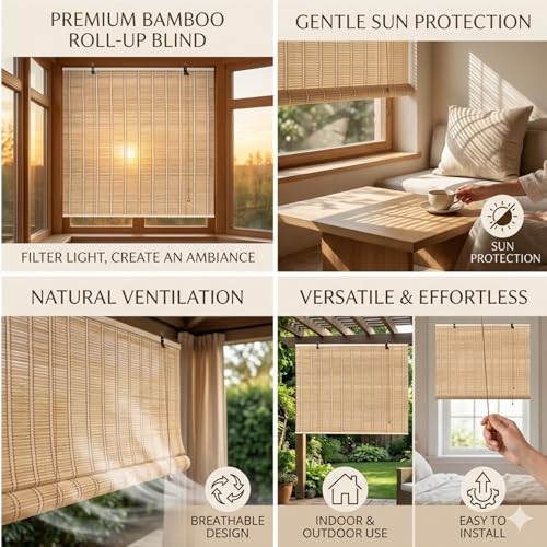 Natural Bamboo Outdoor & Indoor Window Shades - Rustic Roll-Up Blinds