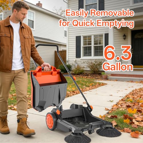 26-Inch Walk-Behind Floor Sweeper with Large Dust Container for Garage Patio Yard