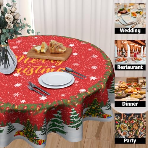 Kawani Christmas Red Tablecloth 60 Inch Round Snowflake & Tree Design - Holiday Kitchen Decor
