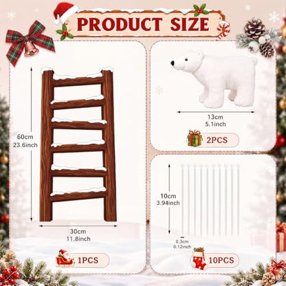 Polar Bear Christmas Staircase Decorations Set with Wooden Ladder and Plush Toys