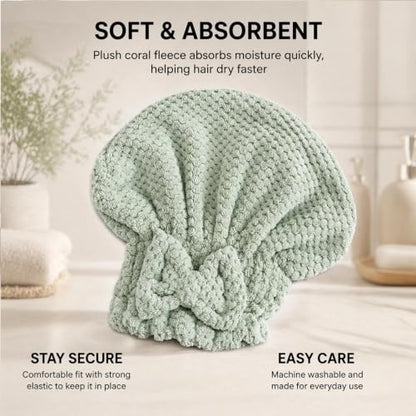 Hair Care Set with 3 Coral Fleece Hair Caps, Detangling Comb & Hair Clips