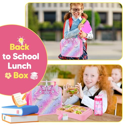 JYPS Unicorn Bento Box for Kids with Insulated Lunch Bag, Lunch box Set with kids water bottle,Sauce Container,Ice Pack,Utensils,Perfect Lunch Container for Girls and Toddlers Back to School Age 7-15