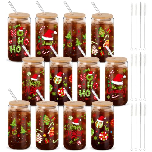 12-Pack Christmas Glass Cups Gift Set - 16oz Drink Jars with Straws & Lids - Vivid Holiday Styles