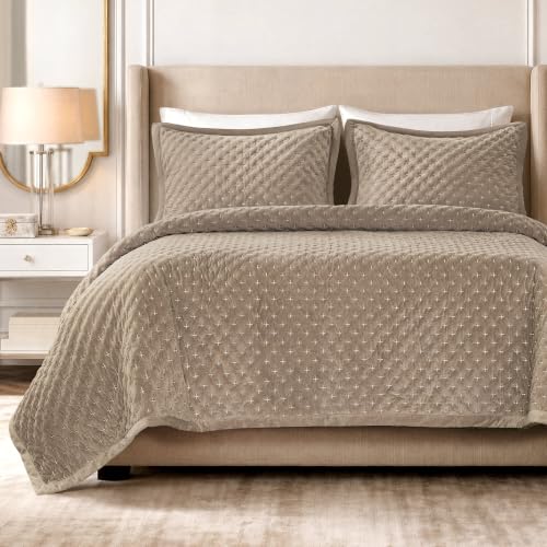 Queen Velvet Quilt Set with Cross Stitch Embroidery Taupe - 3 Piece