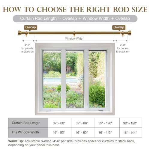 Brushed Brass Curtain Rod 32-88 Inch Heavy Duty Adjustable Drapery Pole with Finials