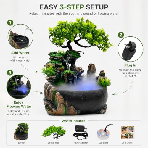 11-Inch Tabletop Fountain with LED Mist and Rockery Waterfall - Indoor Decor