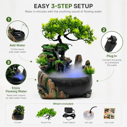 11-Inch Tabletop Fountain with LED Mist and Rockery Waterfall - Indoor Decor