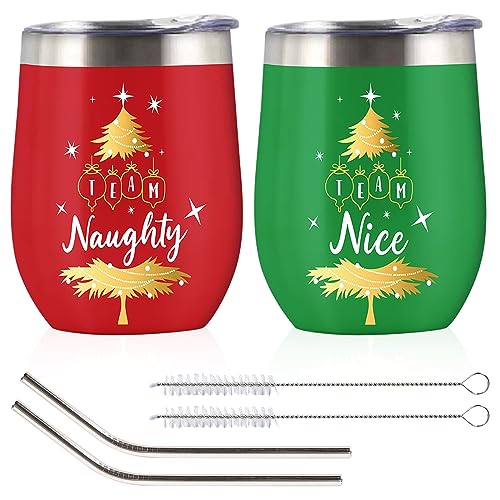 Christmas Stainless Steel Wine Tumblers Set with Lid & Straw - Naughty & Nice Team Cups, 12oz