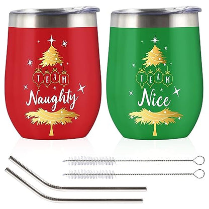 Christmas Stainless Steel Wine Tumblers Set with Lid & Straw - Naughty & Nice Team Cups, 12oz