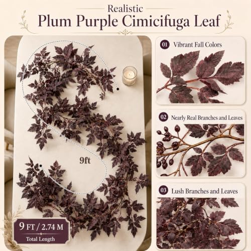 9FT Plum Cimicifuga Seeded Garland Artificial Fall Leaf Decor for Mantel
